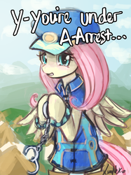Size: 1280x1707 | Tagged: safe, artist:lumineko, admiral fairy flight, fluttershy, pegasus, pony, semi-anthro, g4, testing testing 1-2-3, 30 minute art challenge, ancient wonderbolts uniform, bipedal, clothes, costume, crying, cuffs, dialogue, female, looking at you, mare, open mouth, police officer, solo, uniform