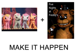 Size: 1370x1008 | Tagged: safe, g3, my little pony live, my little pony live: the world's biggest tea party, exploitable meme, five nights at freddy's, freddy fazbear, live action, make it happen, meme