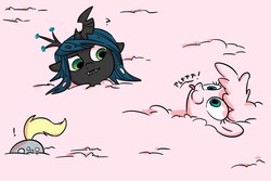 Size: 1050x700 | Tagged: safe, artist:sketchyjackie, derpy hooves, queen chrysalis, oc, oc:fluffle puff, changeling, changeling queen, pegasus, pony, g4, exclamation point, female, mare, onomatopoeia, raspberry, raspberry noise