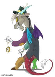 Size: 641x890 | Tagged: safe, artist:spainfischer, discord, draconequus, g4, cane, clothes, hat, mad hatter, male, pocket watch, solo