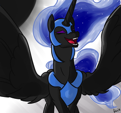 Size: 977x907 | Tagged: safe, artist:patch, nightmare moon, alicorn, pony, g4, eclipse, eyes closed, female, laughing, open mouth, sharp teeth, solar eclipse, solo, spread wings