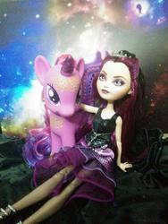 Size: 768x1024 | Tagged: safe, twilight sparkle, alicorn, human, pony, g4, doll, duo, ever after high, fashion style, female, irl, mare, photo, raven queen, toy, twilight sparkle (alicorn)