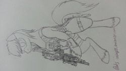 Size: 3264x1836 | Tagged: safe, oc, oc only, pony, an/peq-15, bipedal, body armor, elcan, goggles, m249, sketch, traditional art, unshorn fetlocks