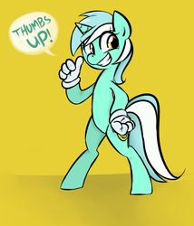 Size: 576x674 | Tagged: safe, artist:jessy, lyra heartstrings, pony, g4, bipedal, female, hand, solo, thumbs up