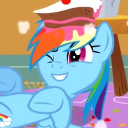 Size: 1024x1024 | Tagged: safe, edit, screencap, rainbow dash, pony, g4, party of one, cake, cropped, female, gritted teeth, inverted mouth, one eye closed, smiling, solo, stool, the cake is a lie