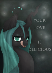 Size: 3579x5031 | Tagged: safe, artist:e-pon, queen chrysalis, changeling, changeling queen, g4, bedroom eyes, fangs, female, licking lips, looking at you, open mouth, portrait, poster, smiling, solo, tongue out