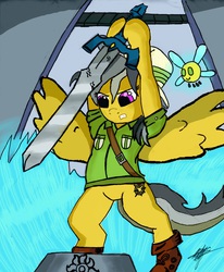 Size: 2488x3016 | Tagged: safe, artist:dogo(diego artuo hz), daring do, parasprite, g4, high res, master sword, nintendo, sword, the legend of zelda, the legend of zelda: ocarina of time