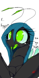 Size: 686x1366 | Tagged: safe, artist:apinklife, queen chrysalis, insect, g4, antennae, crying, dialogue, drool, fangs, female, solo, tank chrysalis