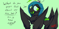 Size: 1366x686 | Tagged: dead source, safe, artist:apinklife, queen chrysalis, insect, g4, antennae, cute, cutealis, drool, fangs, female, hat, solo, tank chrysalis