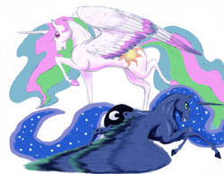 Size: 3229x2504 | Tagged: safe, artist:phantomnova189, princess celestia, princess luna, g4, high res, hoers, realistic, realistic anatomy, realistic horse legs, simple background
