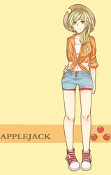 Size: 1863x2935 | Tagged: safe, artist:bc neko, applejack, human, g4, belly button, clothes, female, front knot midriff, humanized, midriff, pixiv, shorts, solo