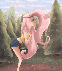 Size: 1200x1380 | Tagged: safe, artist:candymoxie, fluttershy, human, g4, clothes, dat hair, female, hippieshy, humanized, midriff, skinny, solo, tank top, thin