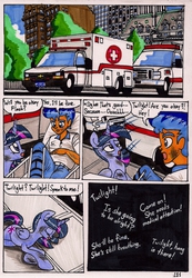 Size: 1374x1985 | Tagged: safe, artist:newyorkx3, flash sentry, twilight sparkle, alicorn, human, pony, comic:twilight and the big city, g4, ambulance, chevrolet, comic, faint, female, ford, mare, traditional art, twilight sparkle (alicorn)