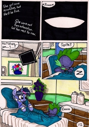 Size: 1363x1947 | Tagged: safe, artist:newyorkx3, spike, twilight sparkle, alicorn, dragon, pony, comic:twilight and the big city, g4, bed, comic, female, hospital, hospital bed, male, mare, onomatopoeia, sleeping, sound effects, traditional art, twilight sparkle (alicorn), z, zzz