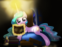 Size: 1720x1290 | Tagged: dead source, safe, artist:hoyeechun, princess celestia, princess luna, pony, unicorn, g4, book, cute, cutelestia, deadpool, donut, eating, horn, reading, unicorn celestia, wingless