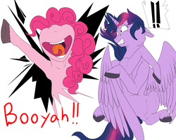 Size: 1280x1024 | Tagged: safe, artist:backlash91, pinkie pie, twilight sparkle, alicorn, earth pony, pony, g4, breaking the fourth wall, exclamation point, fourth wall, twilight sparkle (alicorn), unshorn fetlocks