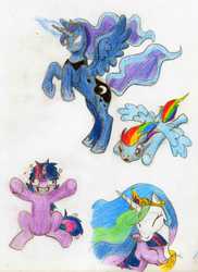 Size: 3512x4831 | Tagged: safe, artist:novum-semita, princess celestia, princess luna, rainbow dash, twilight sparkle, g4, eyes closed, floppy ears, flying, glowing eyes, magic, messy mane, momlestia, neck hug, rearing, smiling, spread wings, traditional art, twilight snapple