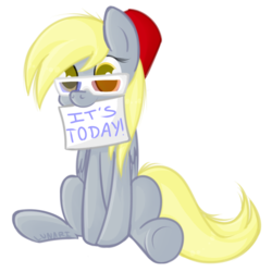 Size: 800x800 | Tagged: safe, artist:lunarii, derpy hooves, pegasus, pony, g4, 3d glasses, doctor who, female, fez, hat, mare, mouth hold, sign, sitting, solo