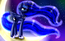 Size: 2000x1273 | Tagged: safe, artist:artyjoyful, princess luna, g4, crescent moon, female, moon, solo, space, stars, tangible heavenly object
