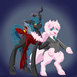 Size: 1280x1280 | Tagged: safe, artist:hobbsmeerkat, queen chrysalis, oc, oc:fluffle puff, changeling, changeling queen, earth pony, pony, g4, bipedal, blushing, canon x oc, clothes, dress, female, lesbian, necktie, ship:chrysipuff, shipping, suit, tail bow