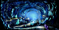 Size: 2900x1500 | Tagged: dead source, safe, artist:shamanguli, rarity, pony, unicorn, g4, cave, crystal, crystal caverns, facing away, female, scenery, scenery porn, solo, underground
