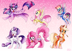 Size: 900x636 | Tagged: safe, artist:glitterclamopera, applejack, fluttershy, pinkie pie, rainbow dash, rarity, twilight sparkle, alicorn, pony, g4, female, mane six, mare, twilight sparkle (alicorn)