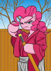 Size: 1409x1945 | Tagged: safe, artist:kai-ou, pinkie pie, earth pony, pony, g4, bipedal, female, katana, pixiv, rurouni kenshin, samurai, solo, sword, weapon