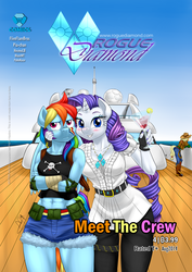 Size: 1200x1697 | Tagged: safe, artist:pia-sama, applejack, rainbow dash, rarity, anthro, comic:rogue diamond, g4, abs, belly button, blushing, cocktail, comic, cover, midriff, muscles, revy dash