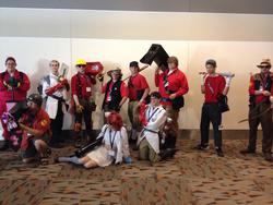 Size: 960x720 | Tagged: safe, human, bronycon, cosplay, irl, irl human, medic, medic (tf2), photo, pyro (tf2), scout (tf2), sniper, sniper (tf2), soldier, soldier (tf2), team fortress 2