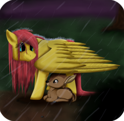 Size: 3211x3128 | Tagged: safe, artist:shadeila, fluttershy, fawn, g4, female, high res, protecting, rain, solo, wing umbrella