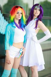 Size: 640x960 | Tagged: safe, artist:fae la blanche, artist:haruhiism, rainbow dash, rarity, human, g4, belly button, clothes, cosplay, dress, evening gloves, irl, irl human, midriff, multicolored hair, photo, rainbow hair