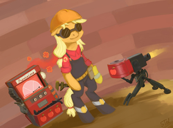 Size: 2000x1479 | Tagged: safe, artist:st-el, applejack, pony, g4, bipedal, clothes, crossover, dispenser, engineer, engineer (tf2), female, sentry, solo, team fortress 2, wrench