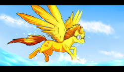 Size: 2400x1400 | Tagged: safe, artist:blackdema, spitfire, g4, female, goggles, large wings, solo, splashing, spread wings, water