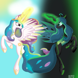 Size: 811x811 | Tagged: safe, artist:nevera573, princess celestia, queen chrysalis, alicorn, changeling, changeling queen, pony, g4, crown, eye contact, female, flying, frown, glare, glowing horn, horn, jewelry, looking back, magic, regalia, spread wings