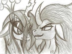 Size: 2141x1615 | Tagged: safe, artist:rossmaniteanzu, king sombra, queen chrysalis, changeling, changeling queen, pony, unicorn, g4, female, male, monochrome, ship:chrysombra, shipping, straight, traditional art, unholy matrimony