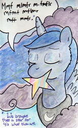 Size: 732x1186 | Tagged: safe, artist:slightlyshade, princess luna, g4, eyes closed, female, mouth hold, solo, traditional art