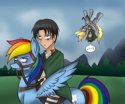 Size: 736x610 | Tagged: safe, derpy hooves, rainbow dash, pegasus, pony, attack on titan, breast collar, bridle, eren jaeger, female, humans riding ponies, levi ackerman, mare, reins, riding, saddle, tack