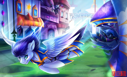 Size: 1387x842 | Tagged: safe, artist:seanica, descent, soarin', g4, canterlot, flying, shadowbolts