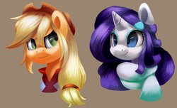 Size: 1825x1106 | Tagged: safe, artist:moonseeker, applejack, rarity, earth pony, pony, unicorn, g4, alternate hairstyle, clothes, crossover, pokémon, portrait, scarf