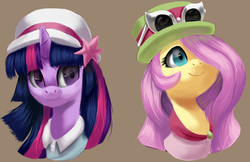 Size: 1696x1101 | Tagged: safe, artist:moonseeker, fluttershy, twilight sparkle, pegasus, pony, g4, crossover, duo, duo female, female, hair over one eye, hat, pokémon, portrait, sunglasses