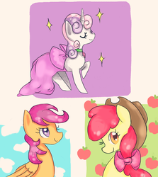 Size: 1510x1695 | Tagged: safe, artist:chiuuchiuu, apple bloom, scootaloo, sweetie belle, g4, clothes, cutie mark crusaders, dress, hat, older