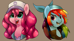 Size: 1738x971 | Tagged: safe, artist:moonseeker, pinkie pie, rainbow dash, earth pony, pegasus, pony, g4, alternate hairstyle, bandana, baseball cap, crossover, hat, pokémon, portrait