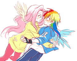 Size: 1128x899 | Tagged: safe, artist:re_ghotion, fluttershy, rainbow dash, human, g4, blushing, eye contact, falling, female, hug, humanized, lesbian, open mouth, ship:flutterdash, shipping, sketch, tackle, winged humanization