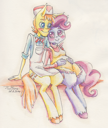 Size: 844x1000 | Tagged: safe, artist:taritoons, carrot cake, cup cake, earth pony, anthro, g4, couple, cuddling, female, human facial structure, male, pregnant, ship:carrot cup, shipping, snuggling, straight