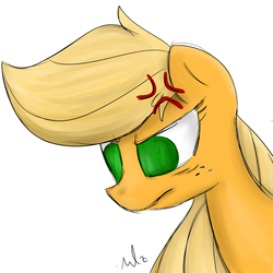 Size: 2500x2500 | Tagged: safe, artist:nadaazahraa, applejack, earth pony, pony, g4, angry, female, high res, mare, missing accessory, signature, simple background, solo, white background