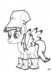 Size: 1700x2338 | Tagged: safe, derpy hooves, pegasus, pony, g4, derp, female, mare, paper, paper bag, paper bag wizard