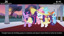 Size: 854x480 | Tagged: safe, edit, edited screencap, screencap, applejack, fluttershy, pinkie pie, rainbow dash, rarity, twilight sparkle, cinemare sins, g4, sweet and elite, adventure in the comments, birthday dress, clothes, dress, hat, letterboxing, mane six