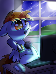 Size: 1024x1347 | Tagged: safe, artist:madacon, oc, oc only, pegasus, pony, computer, computer mouse, floppy ears, headset, moon, night, night sky, sky, solo, starry night, window