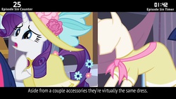 Size: 854x480 | Tagged: safe, edit, edited screencap, screencap, rarity, twilight sparkle, cinemare sins, g4, season 2, sweet and elite, birthday dress, brooch, clothes, dress, flower, flower in tail, hat, letterboxing, mannequin