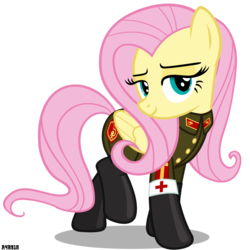 Size: 3000x3000 | Tagged: safe, artist:a4r91n, fluttershy, g4, bedroom eyes, clothes, female, high res, looking at you, military uniform, pose, sergeant, simple background, solo, soviet, transparent background, uniform, vector